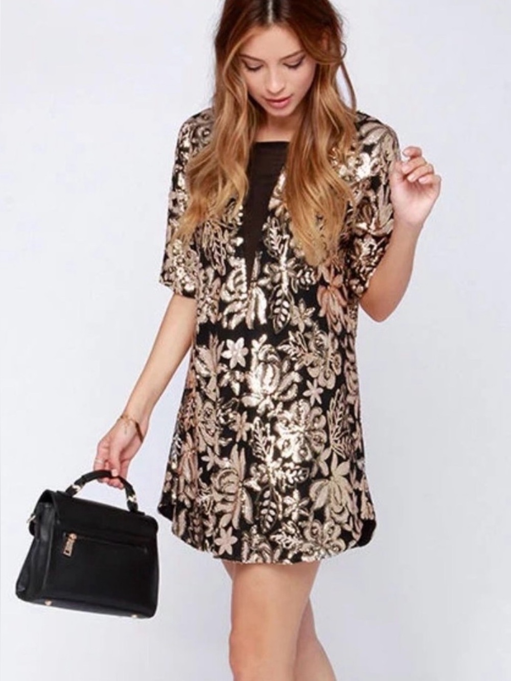 Lovers + Friends Black and Gold Sequin Floral V-Neck dress, Size XS - Picture 2 of 6